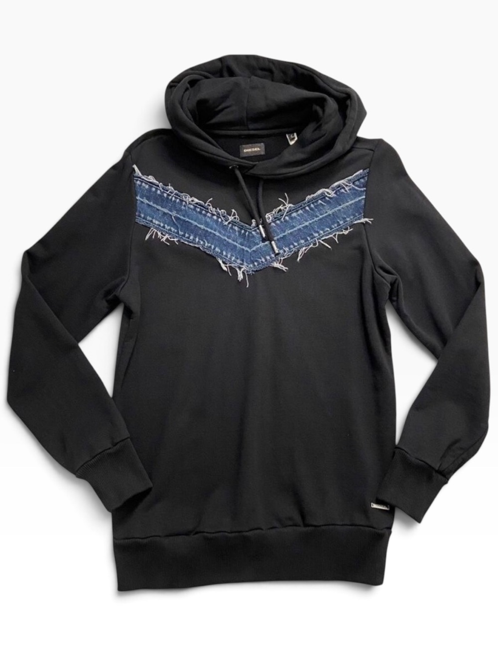 Diesel black hoodie sweatshirt 100% cotton black denim insert long sleeves Small